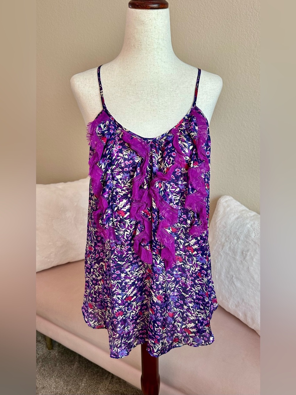 REBECCA TAYLOR VTG Y2K Cami Tank Top Womens 8 Purple Silk Floral Ruffle Babydoll